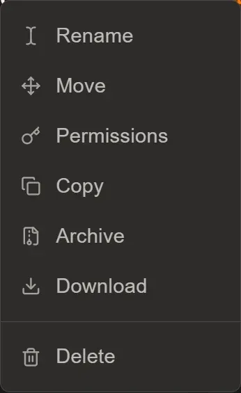 Menú de una fila del gestor de archivos, con las opciones Rename, Move, Permissions, Copy, Archive, Download y Delete
