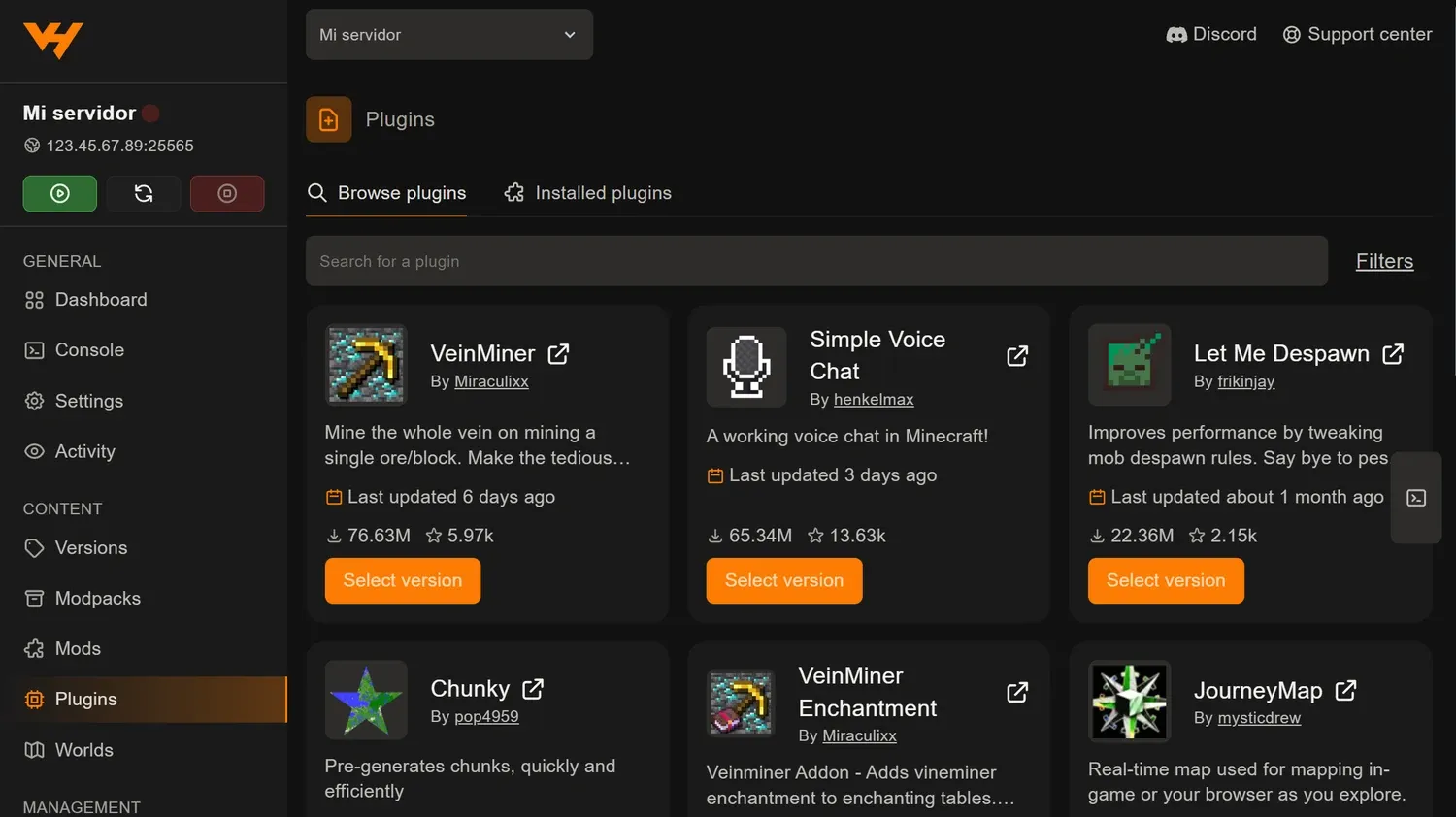 Pestaña Plugins del panel con el buscador, el enlace Filters y las tarjetas de los plugins con su botón Select version