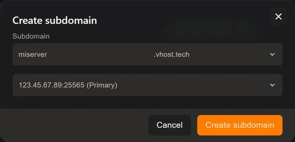 Ventana Create subdomain con el campo del nombre relleno, el desplegable del dominio en .vhost.tech y el de la asignación del servidor